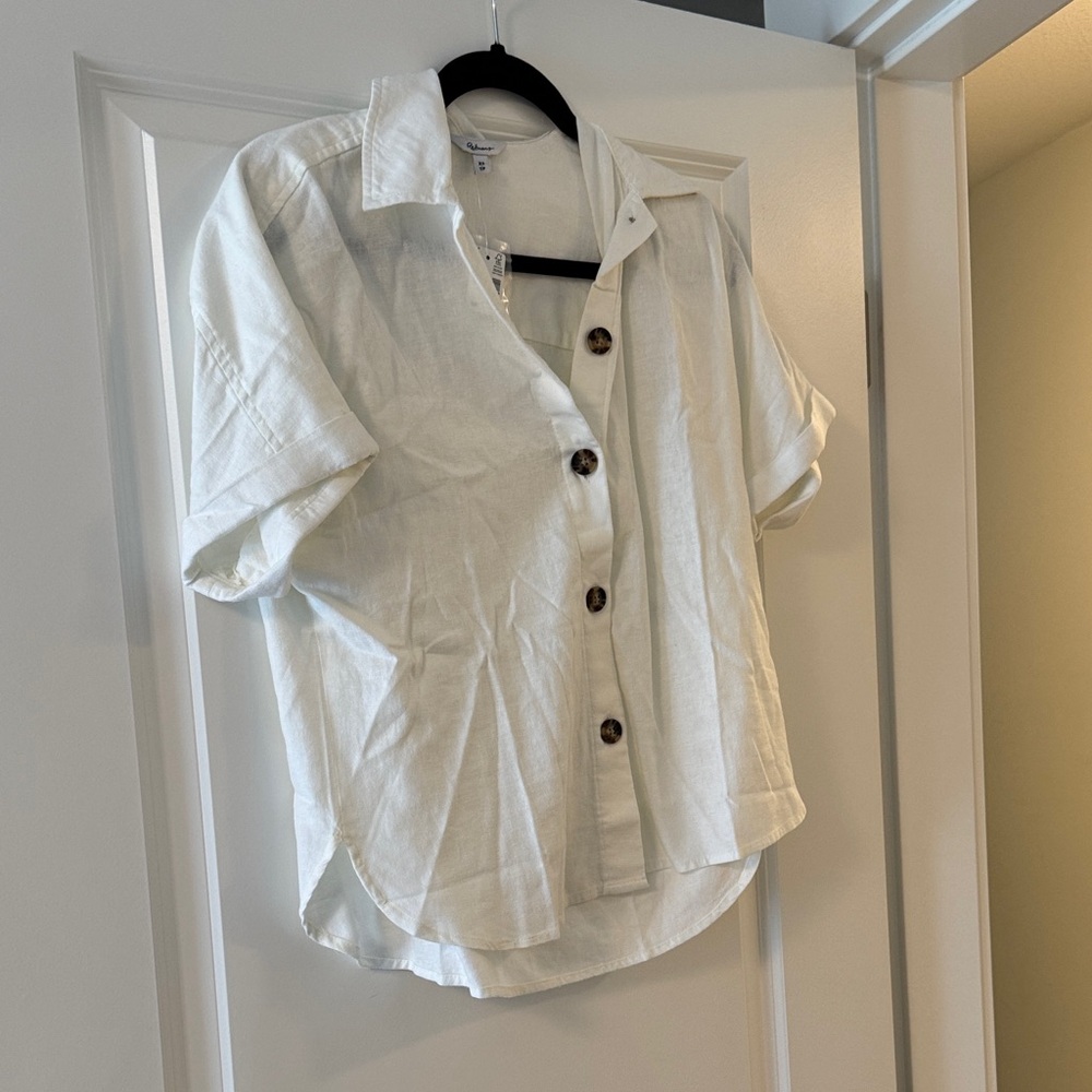 White Linen Short Sleeve Blouse